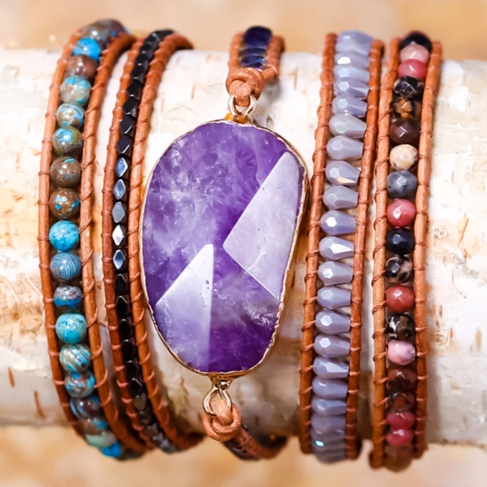 Unisex Boho Amethyst Pendant Leather Gemstone Wrap Bracelet Handmade - Picture 4 of 8